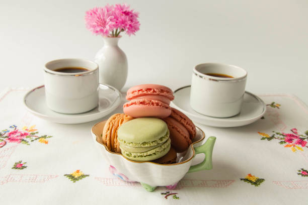 French macaroons with coffee stock photo