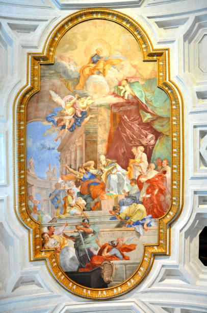 Fresco in San Pietro in Vincoli church. Rome, Italy Rome, Italy - March 16, 2016: The fresco Miracle of the Chains on the coffered ceiling was painted by Giovanni Battista Parodi in 1706 in San Pietro in Vincoli church michelangelo artist stock pictures, royalty-free photos & images