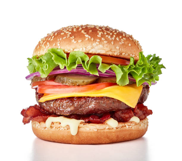 fresh burger isolated single fresh burger with cheese and bacon isolated on white background hamburger photos stock pictures, royalty-free photos & images