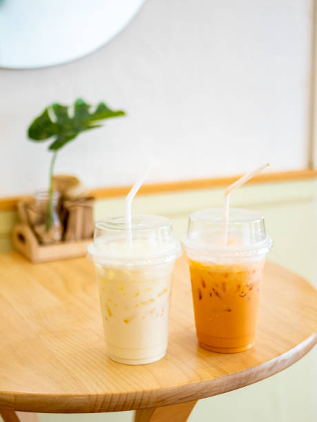 Fresh cafe iced latte in the coffee shop. stock photo