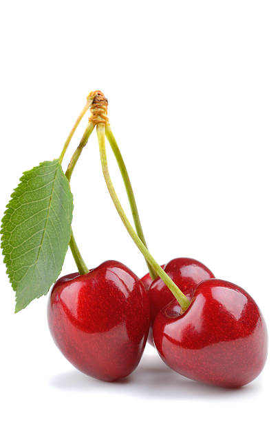 Fresh cherries with stem and leaf isolated on white stock photo