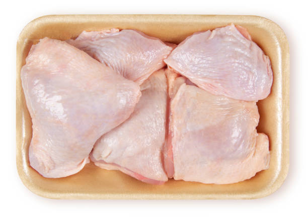 Fresh Chicken Thighs - Foam Tray Pack Slice chicken meat, raw chicken parts chicken thigh meat stock pictures, royalty-free photos & images