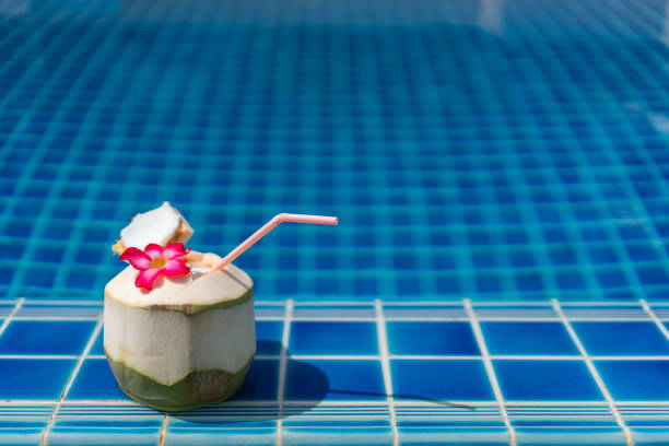 Fresh coconut by the swimming pool with copyspace for text stock photo