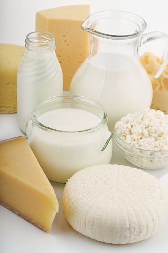 Close up of various fresh dairy products