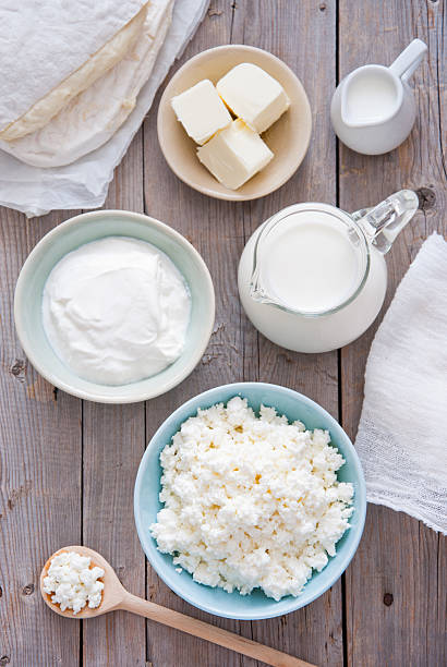 Fresh dairy products Organic Farming Cottage cheese, sour cream, butter, cheese and milk cream dairy product stock pictures, royalty-free photos & images