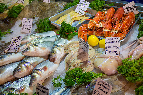 Fresh fish for sale in the fish market stock photo