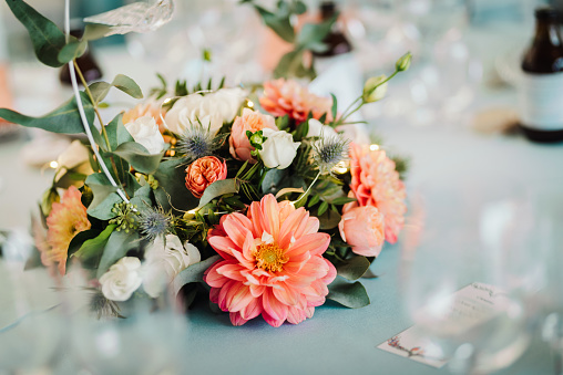 Fresh floral wedding decoration. Table decoration, wedding reception.