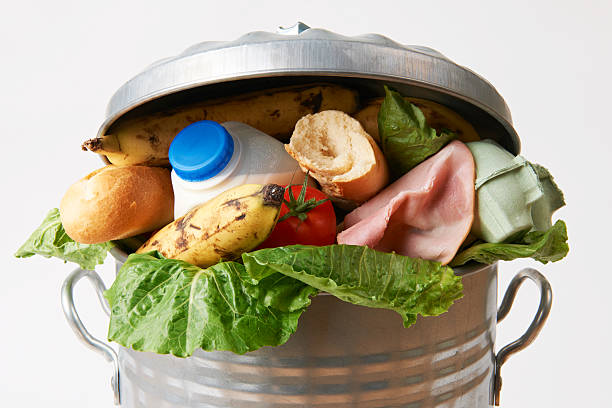 fresh food in garbage can to illustrate waste - afval stockfoto's en -beelden