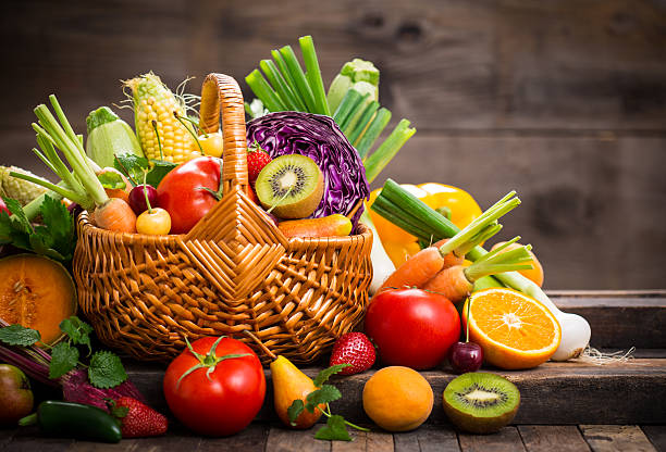 fresh fruits and vegetables in the basket - bladgrönsak bildbanksfoton och bilder