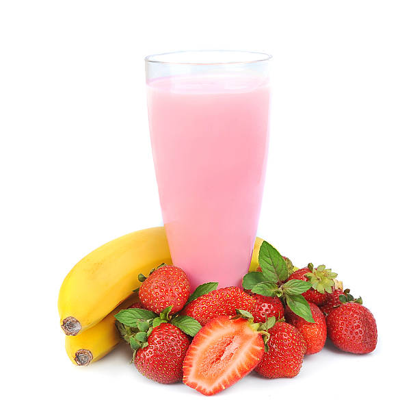 Fresh fruits with bananas and smoothies Fresh fruits with bananas and smoothies on white strawberry smoothie stock pictures, royalty-free photos & images