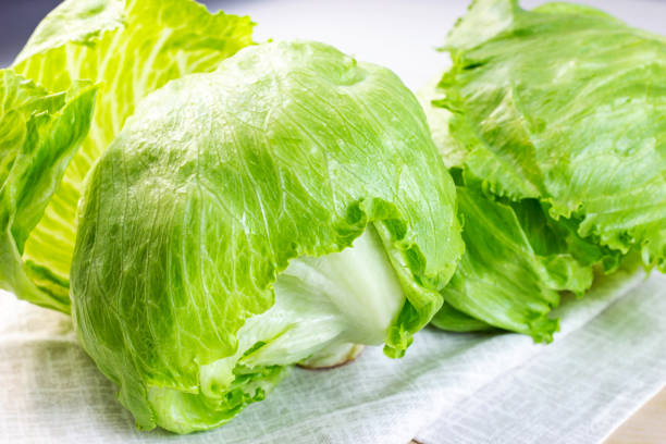 Fresh green iceberg lettuce salad leaves on light background on the table in the kitchen stock photo