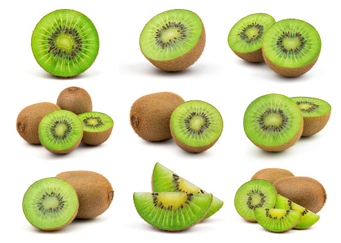 A Set of Perfect Fresh Green Kiwi Fruit Isolated on White Background in Full Depth of Field.