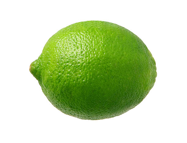 Fresh Green Lime isolated  Fresh Green Lime photographed pretty much straight on from a side view.  Lime is a rounded citrus fruit similar to a lemon, but greener, smaller, and with the distinctive acid flavor.  It is grown from an evergreen citrus tree, and is widely cultivated in warm climates.  The subject was photographed with a warm soft box and has highlight in the upper left-hand area.  The lime is a favorite ingredient used by bartenders.  The image is  a cut out, isolated on a white background. lime stock pictures, royalty-free photos & images