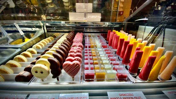 fresh hand-dipped gelato on display at the mercato centrale firenze. stock photo