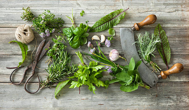 fresh herbs and spices on wooden table - plankje plant touw stockfoto's en -beelden