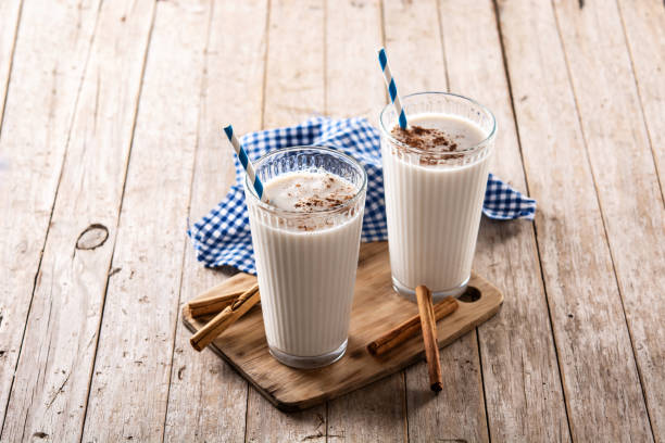 Fresh horchata with cinnamon in glass stock photo