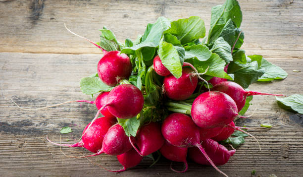 Fresh radishes on wooden table stock photo