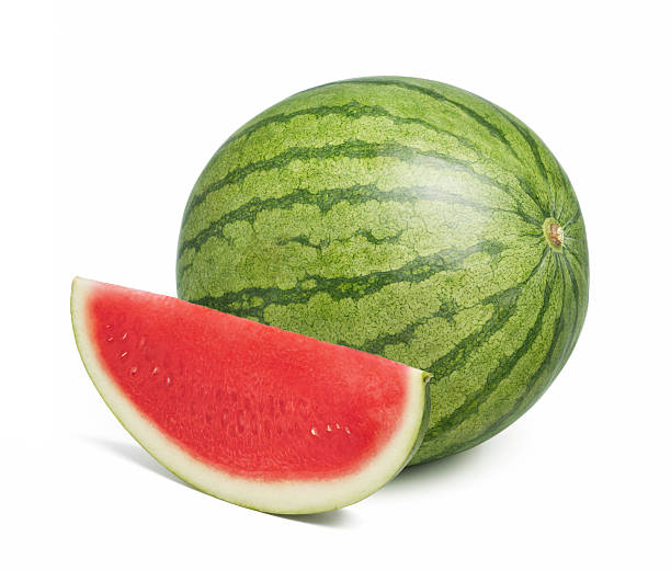 fresh seedless watermelon whole watermelon with slice of watermelon isolated on white watermelon stock pictures, royalty-free photos & images