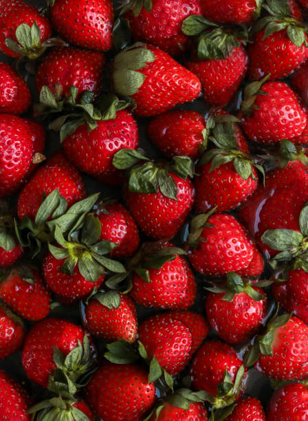 Fresh strawberries fruits on dark background stock photo