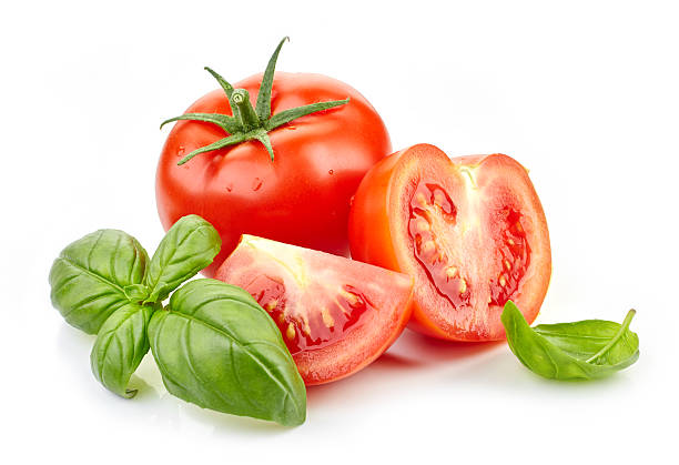 fresh tomatoes and basil leaves fresh tomatoes and basil leaves isolated on white background basil stock pictures, royalty-free photos & images