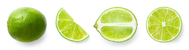 fresh whole, half and sliced lime fruit - lime imagens e fotografias de stock