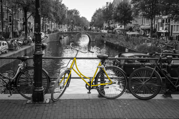 a fresh yellow bike on the streets of amsterdam. - zl imagens e fotografias de stock