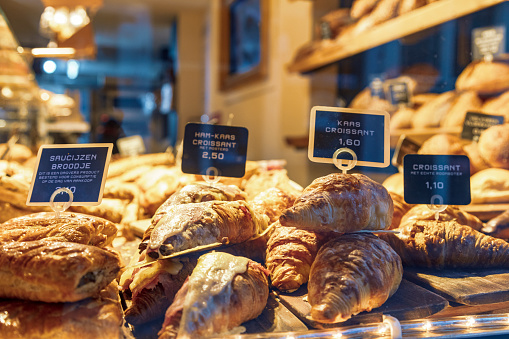 Freshly Baked Food In Display Cabinet At Cafe Stock Photo