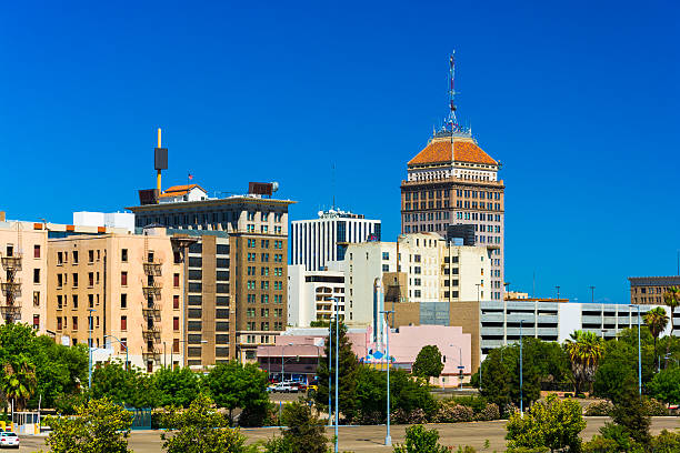 Fresno downtown skyline with a clear blue sky stock photo