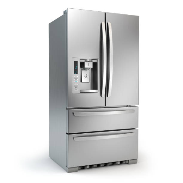 kühlschrank mit gefrierfach. side by side edelstahl stahl kühlschrank mit eis und wasser-system isoliert auf weißem hintergrund. - kühlschrank stock-fotos und bilder