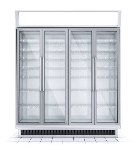 Fridge with transparent glass isolated. Refrigerator showcase on white background. Fridge with transparent glass isolated. Refrigerator showcase on white background. 3d image set market retail space stock pictures, royalty-free photos & images