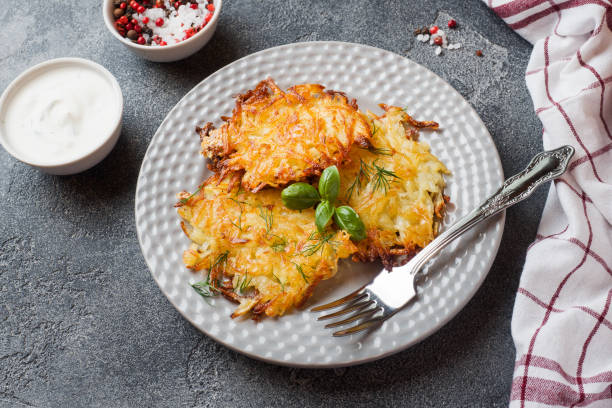 Fried cakes of grated potatoes on the plate with sauce. Traditional pancakes boxty raggmunk Fried cakes of grated potatoes on the plate with sauce. Traditional pancakes boxty raggmunk. hash brown photos stock pictures, royalty-free photos & images