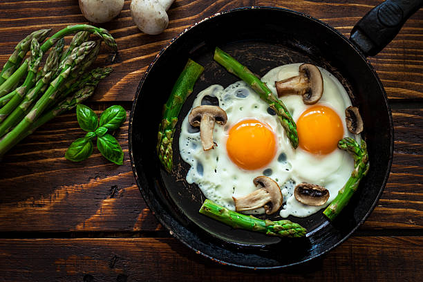 Fried Eggs With Asparagus Fried Eggs With Asparagus and Mushrooms fried egg photos stock pictures, royalty-free photos & images