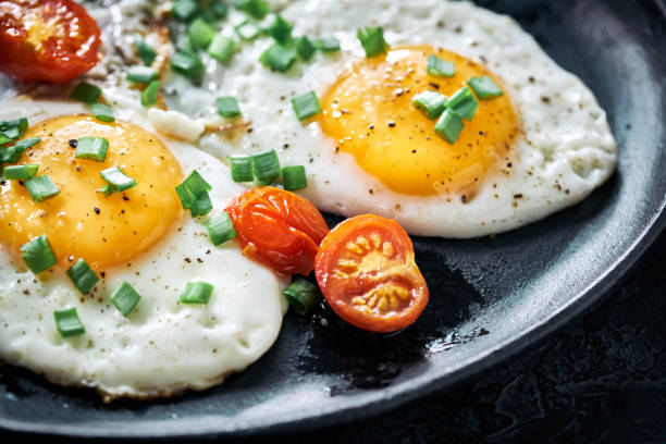 Fried eggs with tomatoes Fried eggs with tomatoes fried egg photos stock pictures, royalty-free photos & images