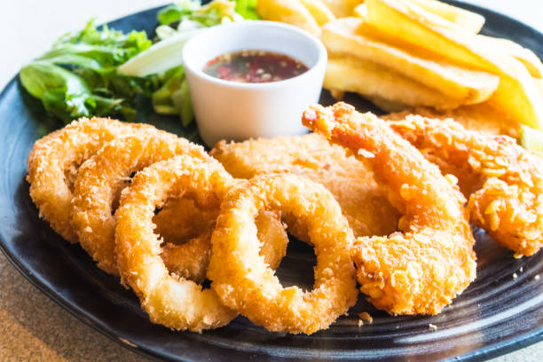 Fried Seafood platter stock photo