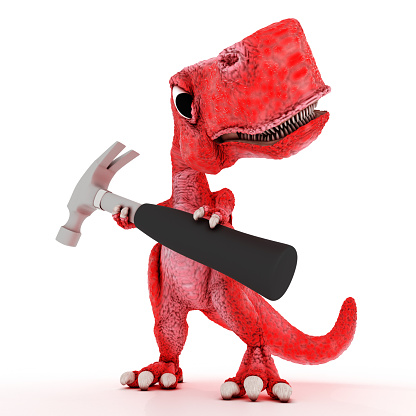 Friendly Cartoon Dinosaur With Hammer Stock Photo - Download Image Now - iStock