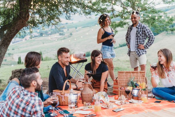 amici che fanno un picnic insieme al tramonto in campagna - aperitivo foto e immagini stock