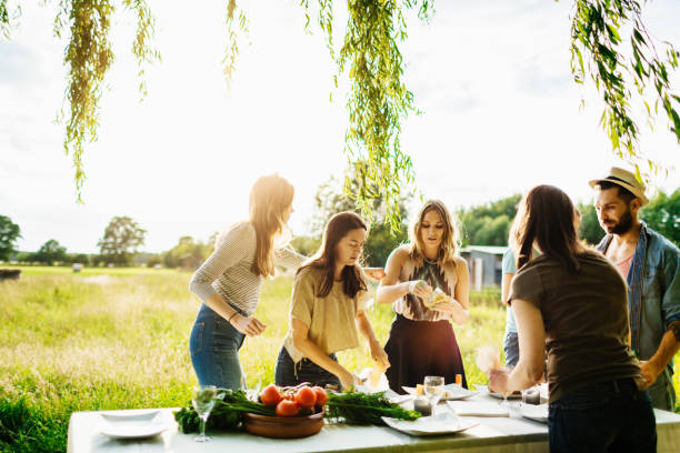vrienden voorbereiding inhoudsopgave eten buitenshuis - sunset dining stockfoto's en -beelden