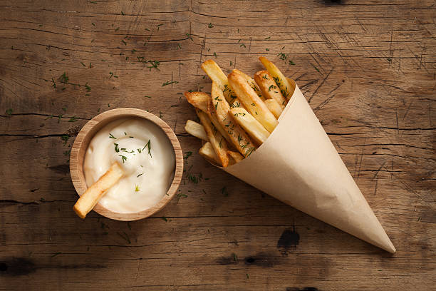 fries french sour cream still life flat lay stock photo