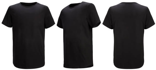Front, 3/4, back views of black t-shirt isolated on white background with paths. Regular style. Front, 3/4, back views of black t-shirt isolated on white background with paths. Regular style. Shooted on a invisible mannequin. Template, blank for logo blank t shirt stock pictures, royalty-free photos & images