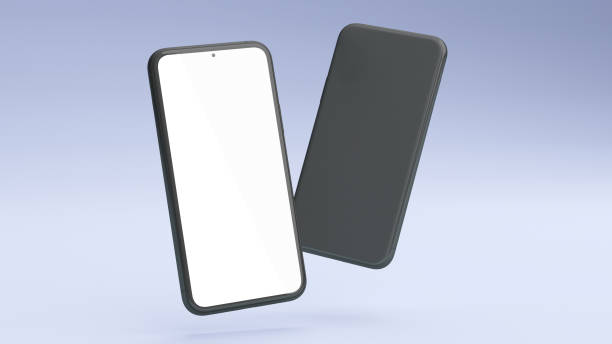 Front and back mobile phone mockup screen floating on a blue background in 3D rendering. Realistic template of cellphone frame and blank display concept for presentation. stock photo