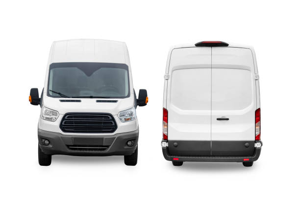 Front and back views of a white delivery van stock photo