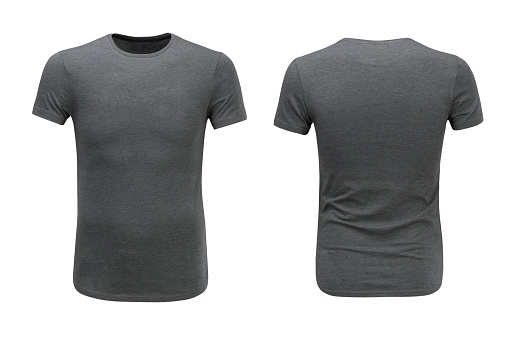 Front and back views of grey t-shirt on white background with paths