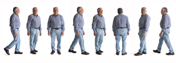 front, back, side wiew and walking of same man on white background stock photo