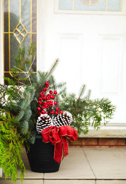 Front door with a Christmas decor stock photo