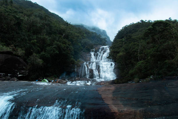 Front view Long-exposure of seventh waterfall from the series of seven waterfalls in remote Maliboda, Daraniyagala, Sri Lanka stock photo