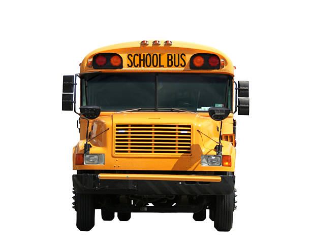 Front view of a school bus against white background Isolated schoolbus front  school buses stock pictures, royalty-free photos & images