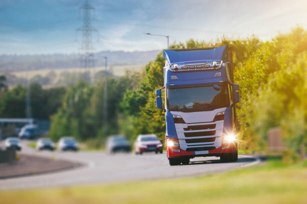 Front view of a truck vehicle on motorway stock photo
