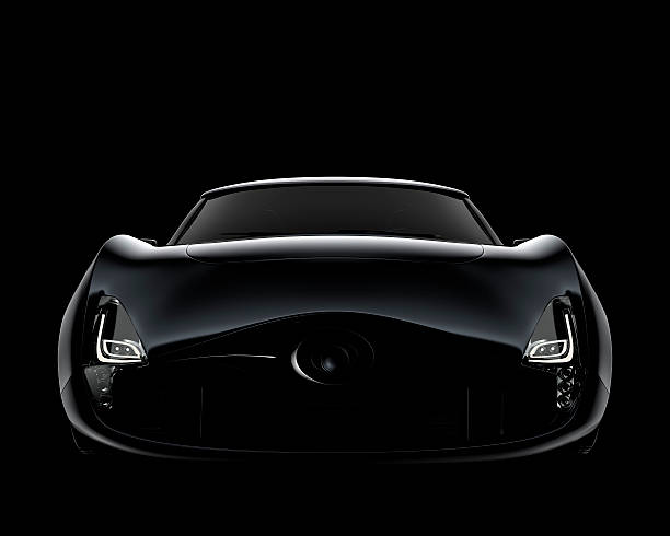 Front view of black sports car isolated on black background stock photo