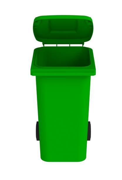 Front view of green garbage wheelie bin with a open lid on a white background, 3D rendering stock photo