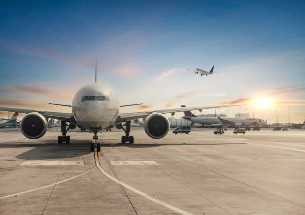 Front view of landed airplane in Istanbul International Airport stock photo